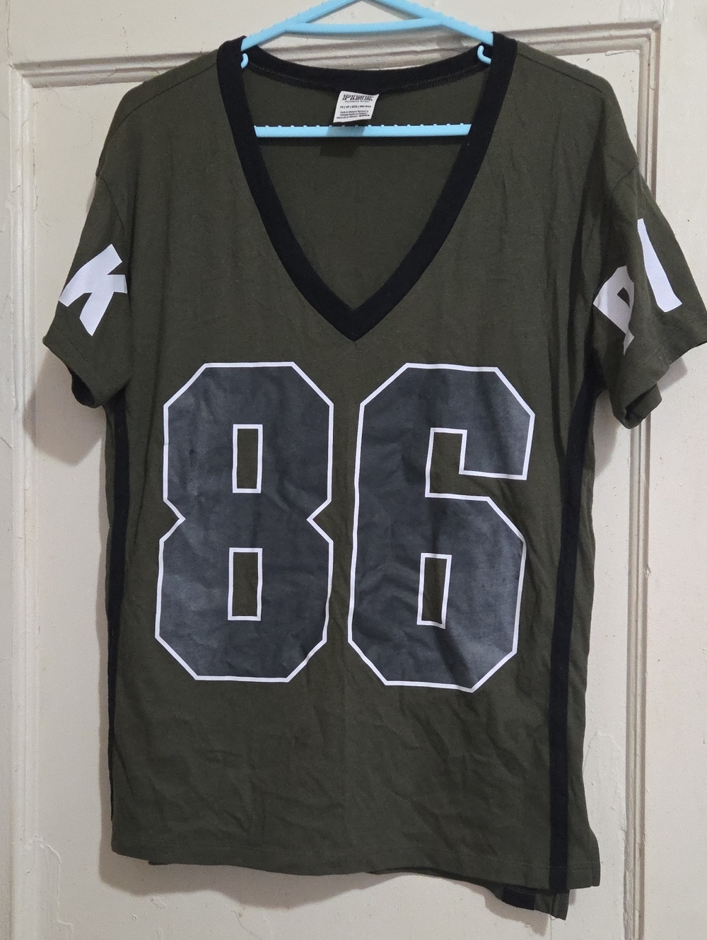 PINK Victoria's Secret Olive Green Tee with Black Neck Trim
